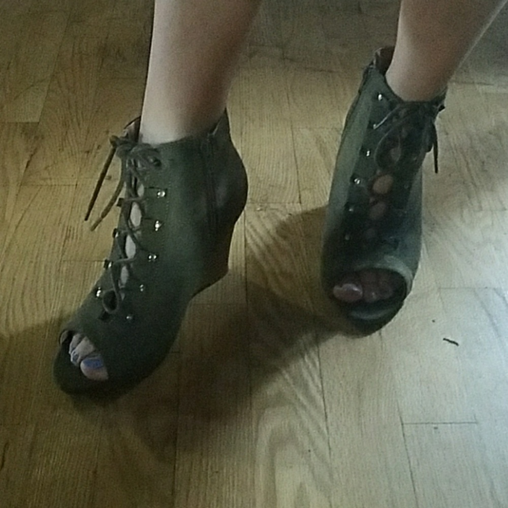Army green wedged heels